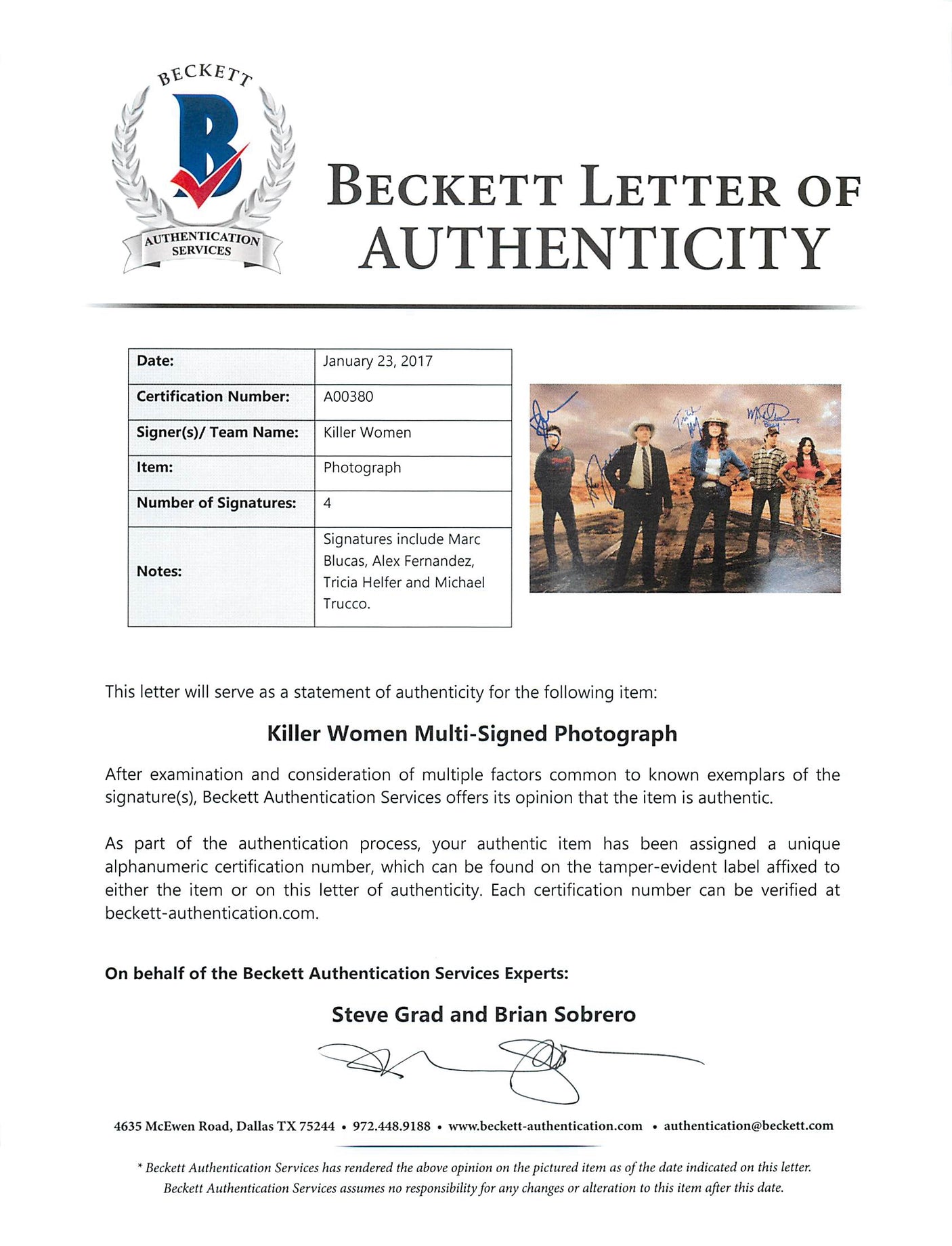 Killer Women Cast (4) Helfer, Blucas, Trucco & Fernandez 12x18 Photo BAS #A00380