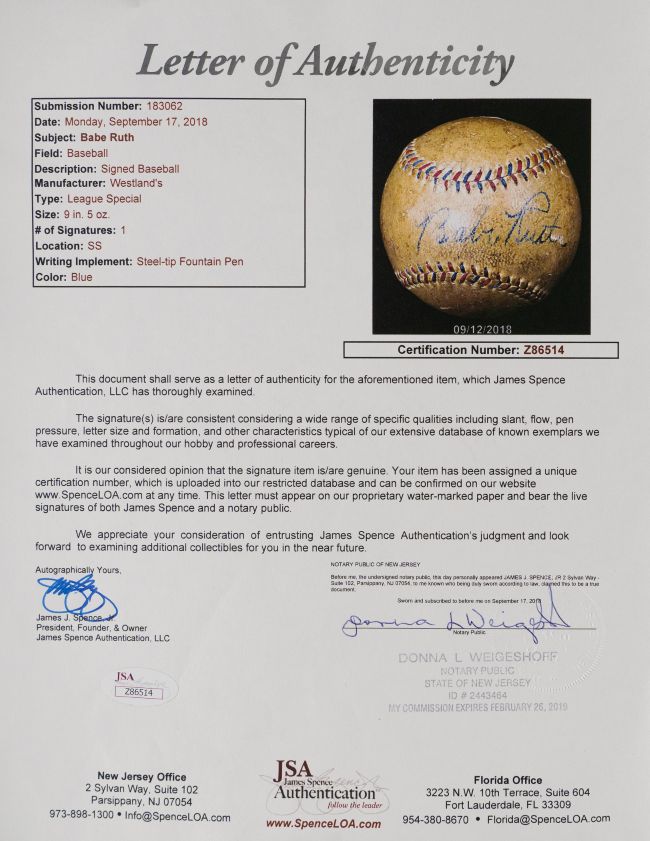 Babe Ruth Signed Baseball New York Yankees JSA Z86514