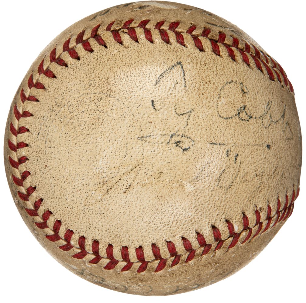 A vintage Official National League baseball by Sports Integrity, featuring faded black-ink autographs from Babe Ruth, Cobb, Wagner & more. Some signatures remain partially visible but not fully legible. PSA+BAS authenticated.