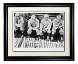 The Sports Integrity Babe Ruth Boston Red Sox Framed The Dugout Historical Archive Giclee features a black and white photo of four vintage baseball players on a bench with bats, framed in black with a white mat.