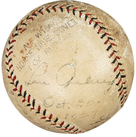 A vintage Pacific League baseball by Sports Integrity, signed by Babe Ruth, Lou Gehrig, and Rogers of the Yankees; features faded red stitching and aged, partially visible text. Includes PSA+BAS LOA authentication.
