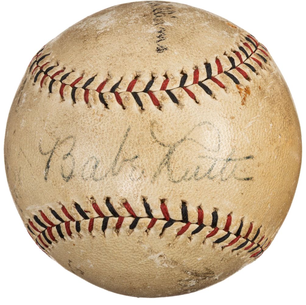 A vintage Pacific League baseball by Sports Integrity, with red and black stitching, signed in cursive by Babe Ruth and Lou Gehrig (Yankees); PSA+BAS LOA included.