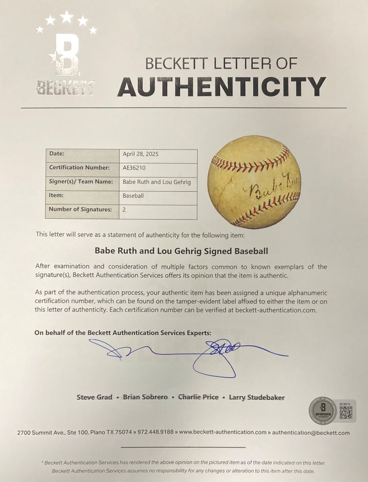 Babe Ruth Lou Gehrig Yankees 1920s Signed Spalding NL Baseball BAS+PSA LOA