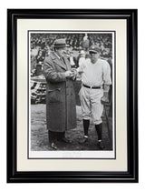 The Sports Integrity "Babe Ruth New York Yankees Framed Writing History Historical Archive Giclee 2" features a black and white photo of two men—one in a coat and one in a pinstripe uniform—at a baseball field with a crowd in the background.