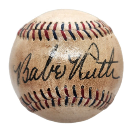 The Sports Integrity Babe Ruth New York Yankees Replica Baseball features red and blue stitching and a circa 1930s facsimile autograph on its surface.