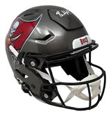 The Baker Mayfield Signed Tampa Bay Buccaneers FS Authentic SpeedFlex Helmet by Sports Integrity features a black shell, team logo, white facemask, and Baker Mayfield’s autograph in white on top.