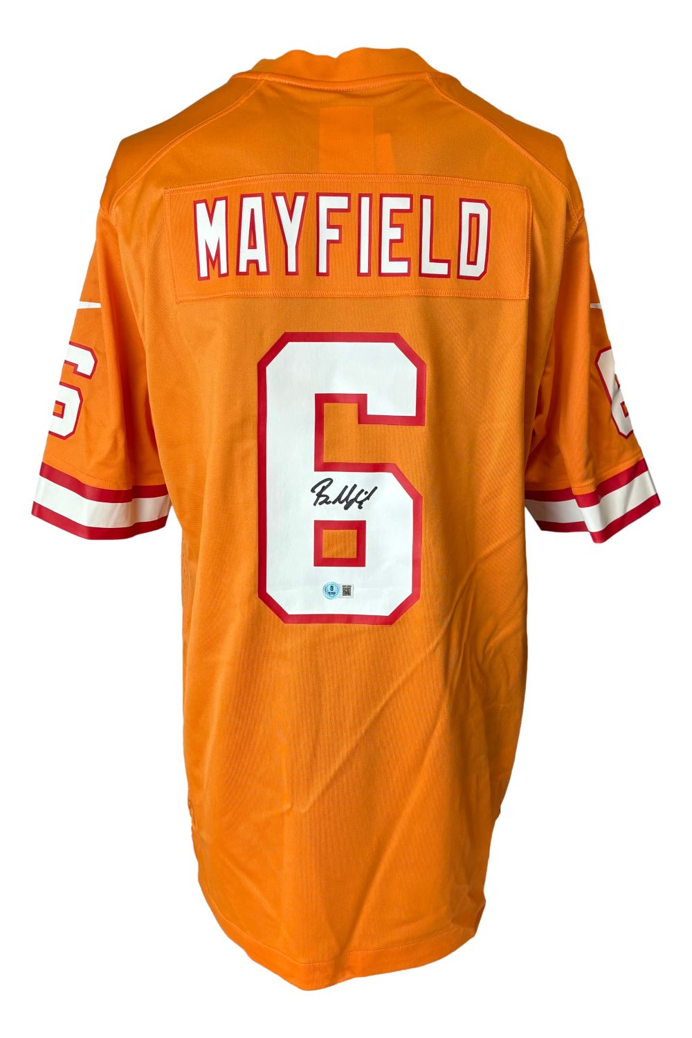 The Sports Integrity Baker Mayfield Signed Orange Tampa Bay Buccaneers Nike Game Replica Jersey features white and red accents, "MAYFIELD" and the number 6 on the back, with an autograph.
