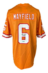 The Sports Integrity Baker Mayfield Signed Orange Tampa Bay Buccaneers Nike Game Replica Jersey features white and red accents, "MAYFIELD" and the number 6 on the back, with an autograph.