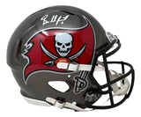 The Sports Integrity Baker Mayfield Signed Tampa Bay Buccaneers Full Size Authentic Helmet BAS features the team's pirate flag logo on the side and includes Mayfield's autograph on top.