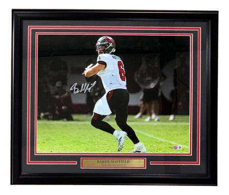 Sports Integrity Baker Mayfield Signed Framed 16x20 Buccaneers Spotlight White Jersey Photo BAS—features autographed action photo of Mayfield (#6), Tampa Bay Buccaneers, in a white jersey with a commemorative plaque.