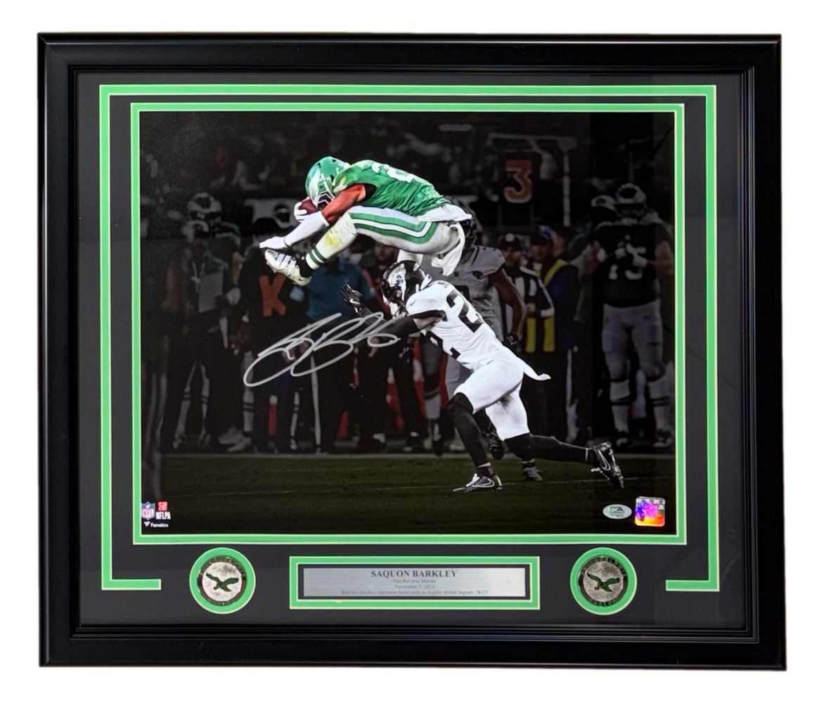 Saquon Barkley Signed Framed 16x20 Eagles Reverse Hurdle Spotlight Photo PSA/DNA