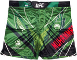 Belal Muhammad Signed Custom Green MMA Fight Trunks by Sports Integrity feature geometric patterns, UFC, Venum, and crypto.com logos, MUHAMMAD in red, and an autograph on the right side.