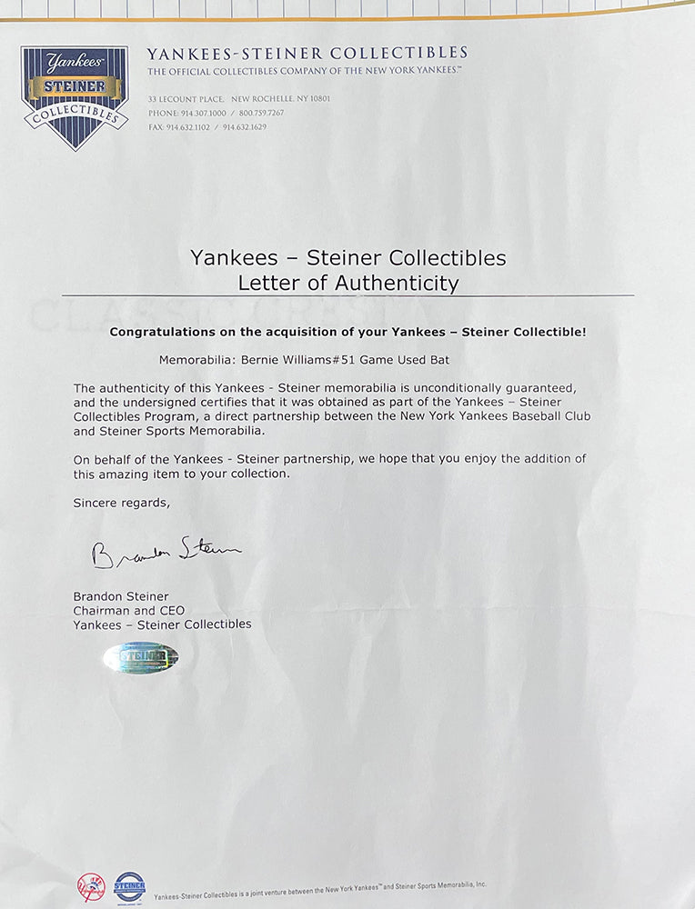 Bernie Williams New York Yankees Game Used Rawlings Baseball Bat Steiner 177