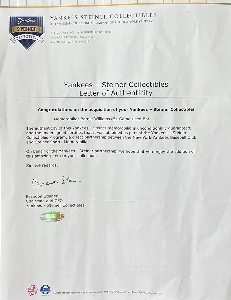 Bernie Williams New York Yankees Game Used Rawlings Yankees Baseball Bat Steiner