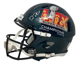 The Sports Integrity Big Dom DiSandro Signed Philadelphia Eagles FS Super Bowl LIX Replica Helmet features a dark green shell, white facemask, vibrant champion decal, and authentic signature in white marker.