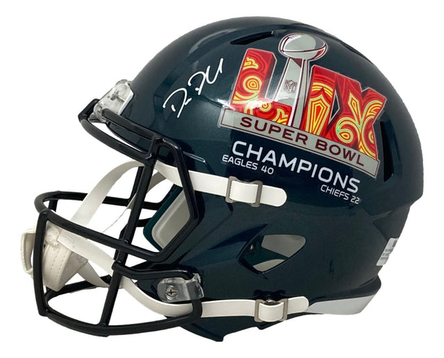 The Sports Integrity Big Dom DiSandro Signed Philadelphia Eagles FS Super Bowl LIX Replica Helmet features a dark green shell, white facemask, vibrant champion decal, and authentic signature in white marker.