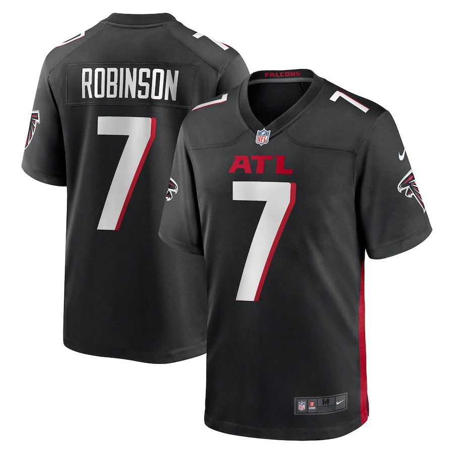 Two Atlanta Falcons black Nike Game Replica jerseys, size XL, feature Bijan Robinson's name and number 7 with "ATL" on the front. NFL and Nike logos are included. Sold by Sports Integrity.