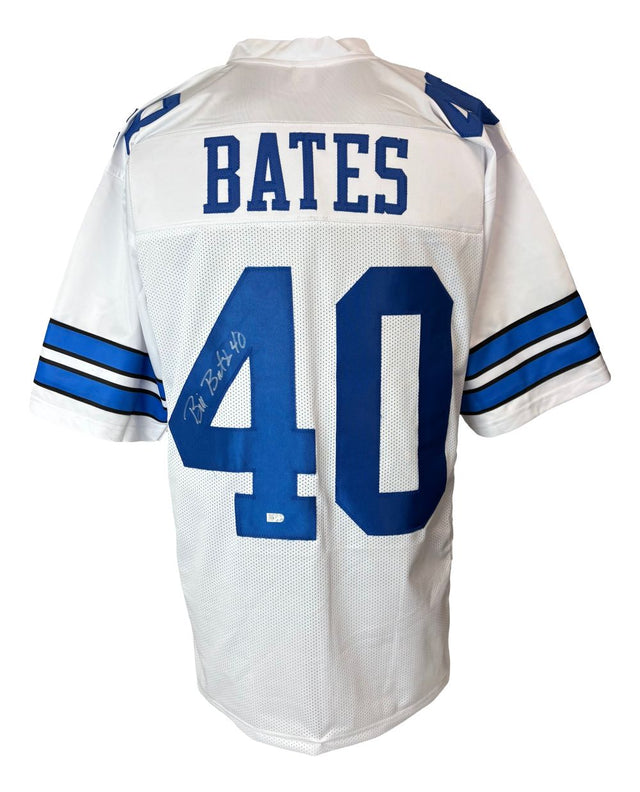 The Bill Bates Dallas Signed White Football Jersey by Sports Integrity features blue accents, "BATES" and the number 40 on the back, plus an autograph on the large number 4.