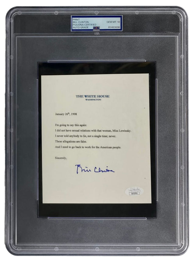 The Sports Integrity Bill Clinton Signed Mock White House Statement Letter Lewinsky PSA Gem MT 10 features a framed letter dated Jan 26, 1998, where Clinton denies relations with Lewinsky. It comes encased in a protective plastic display.