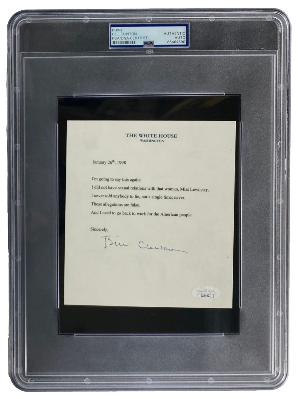 Bill Clinton Signed 5x6 Mock White House Statement Letter Monica Lewinsky PSA