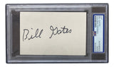 The Sports Integrity Bill Gates Microsoft Signed Slabbed Cut Signature PSA features Bill Gates’ autograph in black ink on a card, encased in a clear hard plastic holder with a PSA label authenticating its signature.