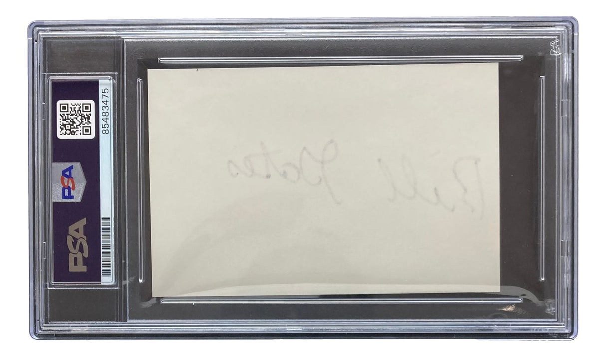 A Sports Integrity PSA slab showcases a Bill Gates Microsoft signed cut signature on a plain white card, visible in reverse through the clear case, with PSA labels and a QR code on the left.