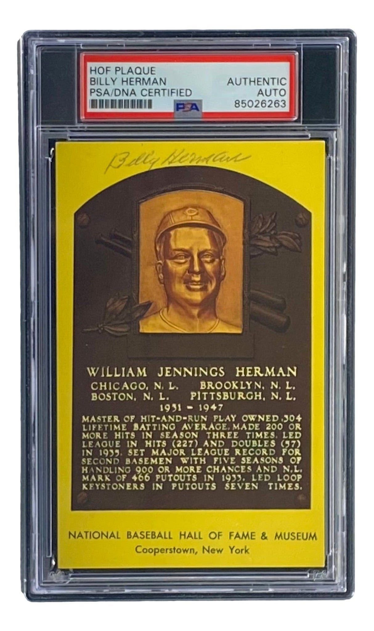 Sports Integrity Billy Herman Signed 4x6 Chicago Cubs HOF Plaque Card, authenticated by PSA/DNA #85026263, features his engraved portrait and signature, encased in a clear holder with labeling at the top.