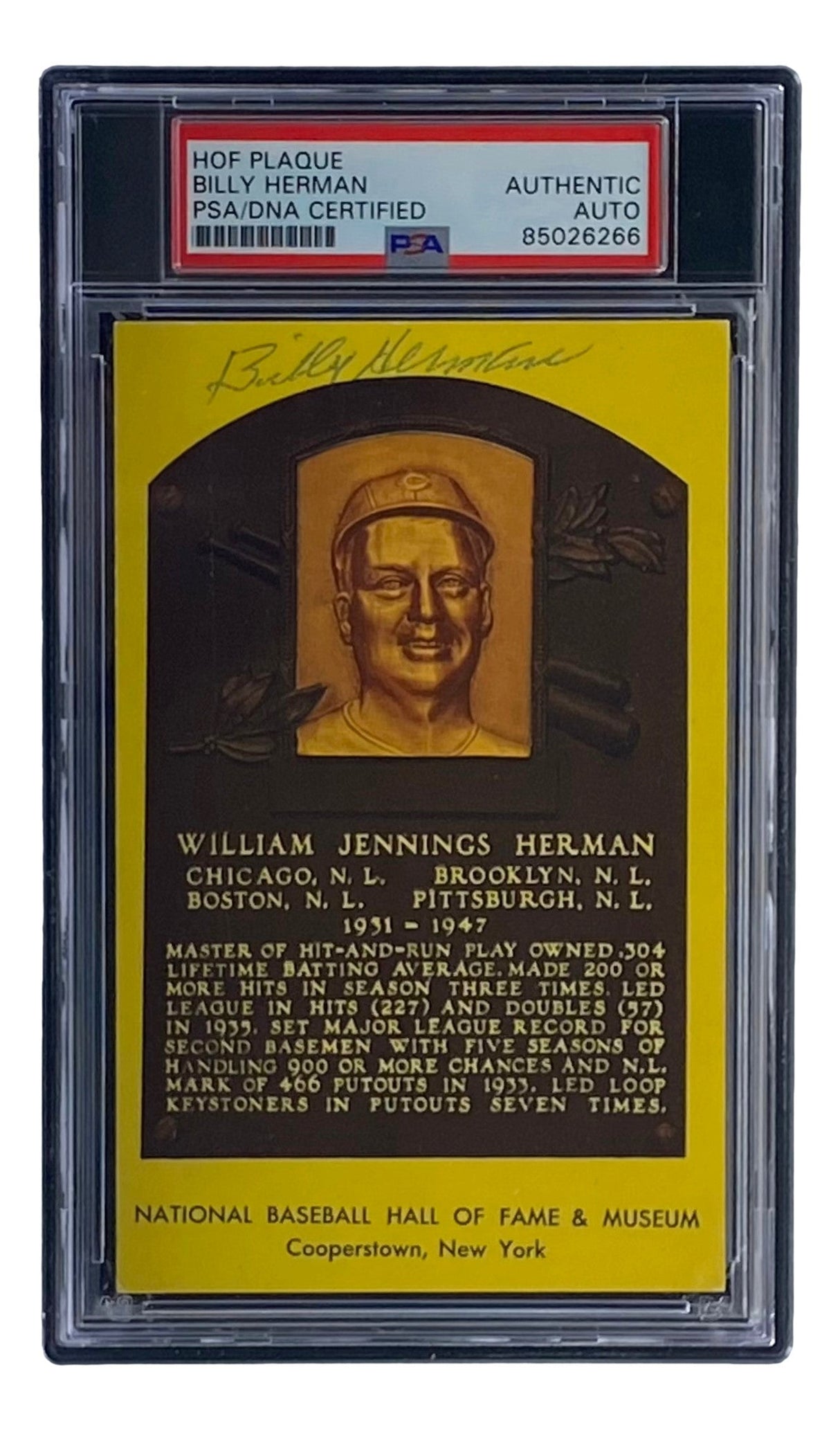 The Sports Integrity Billy Herman Signed 4x6 Chicago Cubs HOF Plaque Card, PSA/DNA certified (#85026266), features his portrait, career highlights, and gold text on a yellow background.