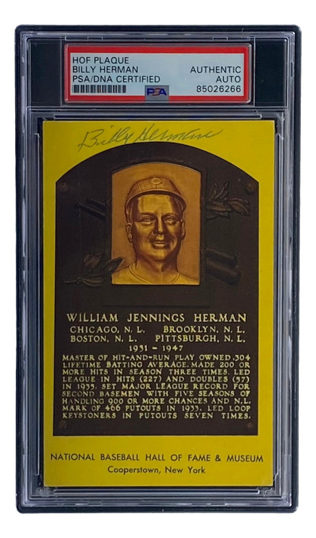 The Sports Integrity Billy Herman Signed 4x6 Chicago Cubs HOF Plaque Card, PSA/DNA certified (#85026266), features his portrait, career highlights, and gold text on a yellow background.