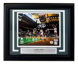 Sports Integrity Larry Bird Signed Framed 8x10 Photo – Celtics vs Lakers. Features Bird in a white uniform shooting, autograph in white ink, and plaque: “LARRY BIRD, Boston Celtics #33, Hall of Fame 1998.” Authenticated by PSA/DNA.