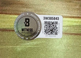 A Beckett Verified Authentic QR code sticker with serial number 3W385843 and Witness Autograph is on a flat, light greenish-brown surface of the Larry Bird Magic Johnson Dual Signed 16x20 Celtics Lakers Photo by Sports Integrity.