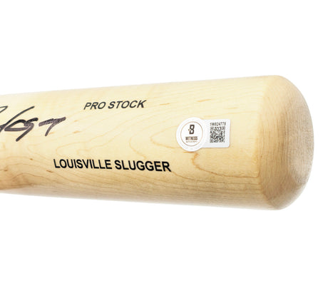 Close-up of the barrel end of a Bo Jackson Kansas City Royals Signed Tan Louisville Slugger Bat by Sports Integrity, featuring signature, PRO STOCK and LOUISVILLE SLUGGER text, and a round BAS authentication sticker.