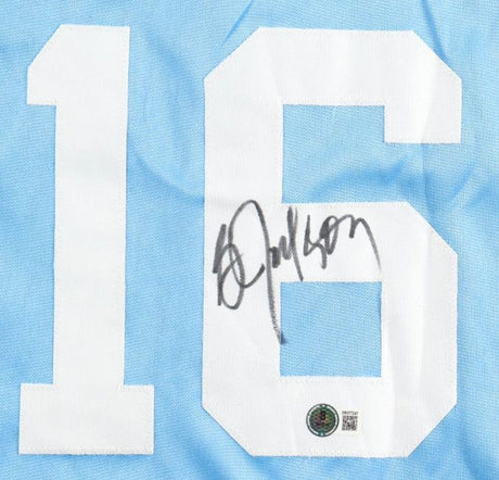 This Bo Jackson Kansas City Signed Light Blue Baseball Jersey by Sports Integrity features a large white number 16 with a black autograph across the 6 and a small circular sticker near the bottom of the number.