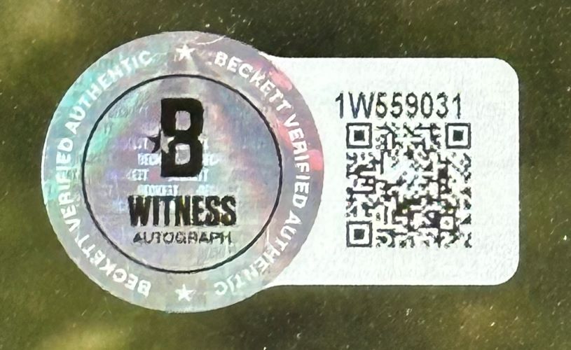 This Bo Jackson Signed Framed 16x20 Oakland Raiders Black Jersey Photo by Sports Integrity includes a Beckett Witness Authentication sticker with a holographic label, WITNESS AUTOGRAPH text, QR code, and serial number 1W659031.