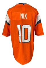 The Sports Integrity Bo Nix Signed Denver Broncos Orange Nike Game Replica Jersey features NIX and number 10 on the back with a black signature, plus white and navy sleeve accents.