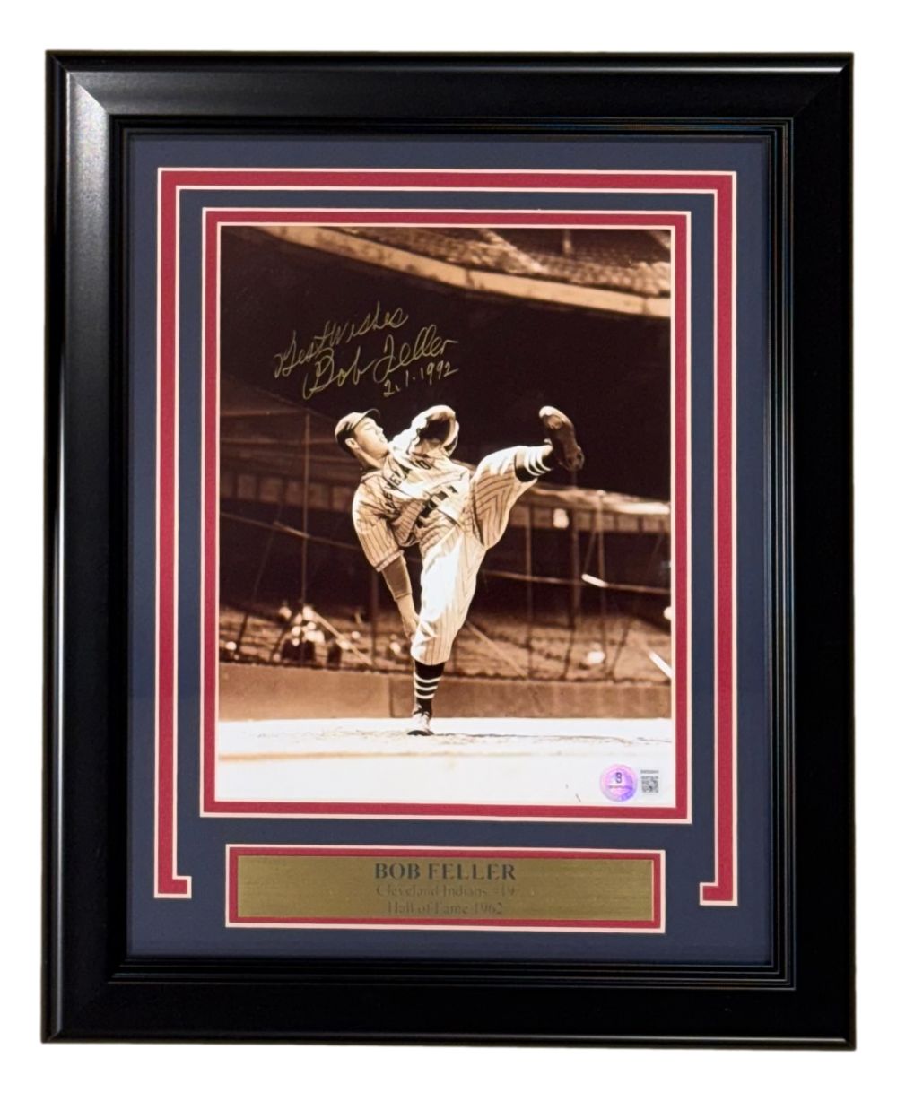 Bob Feller Signed Framed 8x10 Cleveland Indians Photo BAS