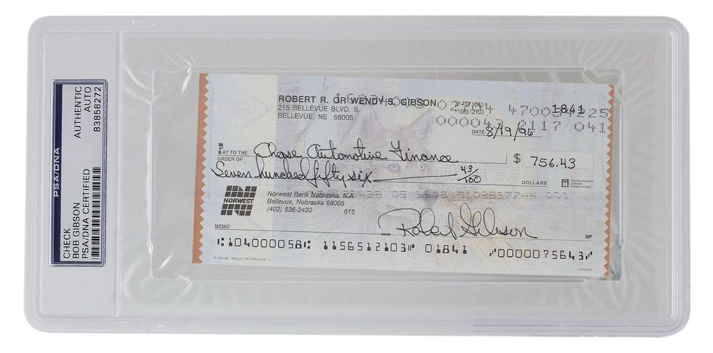 Slabbed Check Bob Gibson Signed Slabbed Cardinals Bank Check #1841 PSA/DNA – Pristine ...