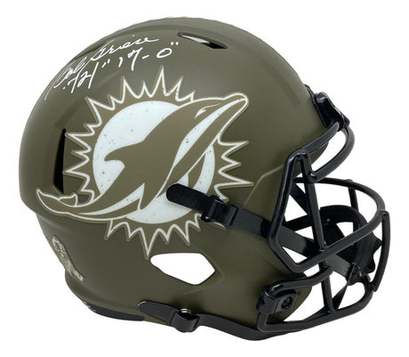 The Sports Integrity Bob Griese Signed Dolphins FS Salute To Service Speed Replica Helmet features a matte military green finish, the team logo, and Griese’s white “’72 17-0” autograph on the side.