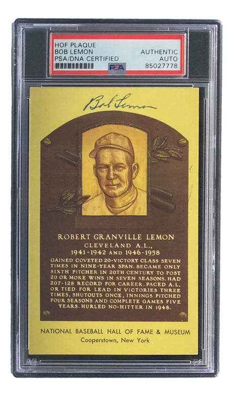 Bob Lemon Signed 4x6 Cleveland HOF Plaque Card PSA/DNA 85027778 - Sports Integrity