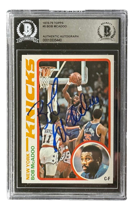 Bob McAdoo Signed 1978/79 Topps #5 New York Knicks Trading Card by Sports Integrity, featuring his blue ink autograph and encased in a BAS Beckett authentication holder.
