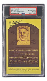 The Sports Integrity Bob Feller Signed 4x6 Cleveland Hall of Fame Plaque Card, PSA/DNA certified (85027782), features his portrait, bio, and autograph in a protective holder.