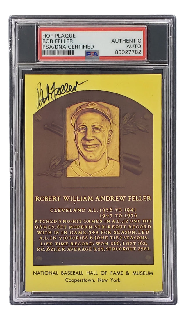 The Sports Integrity Bob Feller Signed 4x6 Cleveland Hall of Fame Plaque Card, PSA/DNA certified (85027782), features his portrait, bio, and autograph in a protective holder.