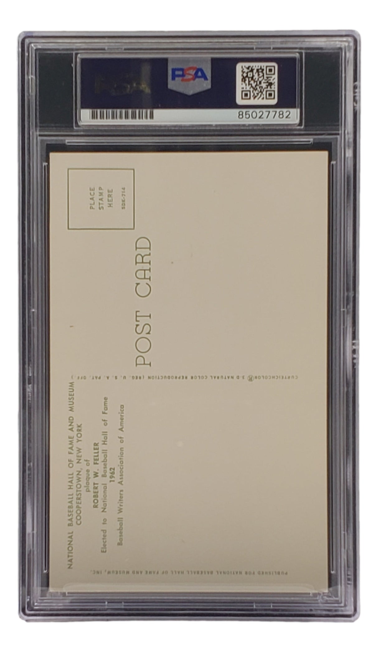 This Bob Feller Signed 4x6 Cleveland Hall Of Fame Plaque Card (PSA/DNA 85027782) by Sports Integrity is PSA-graded, encased in a clear holder with the back visible—showing address lines, stamp box, and National Baseball Hall of Fame printed text.