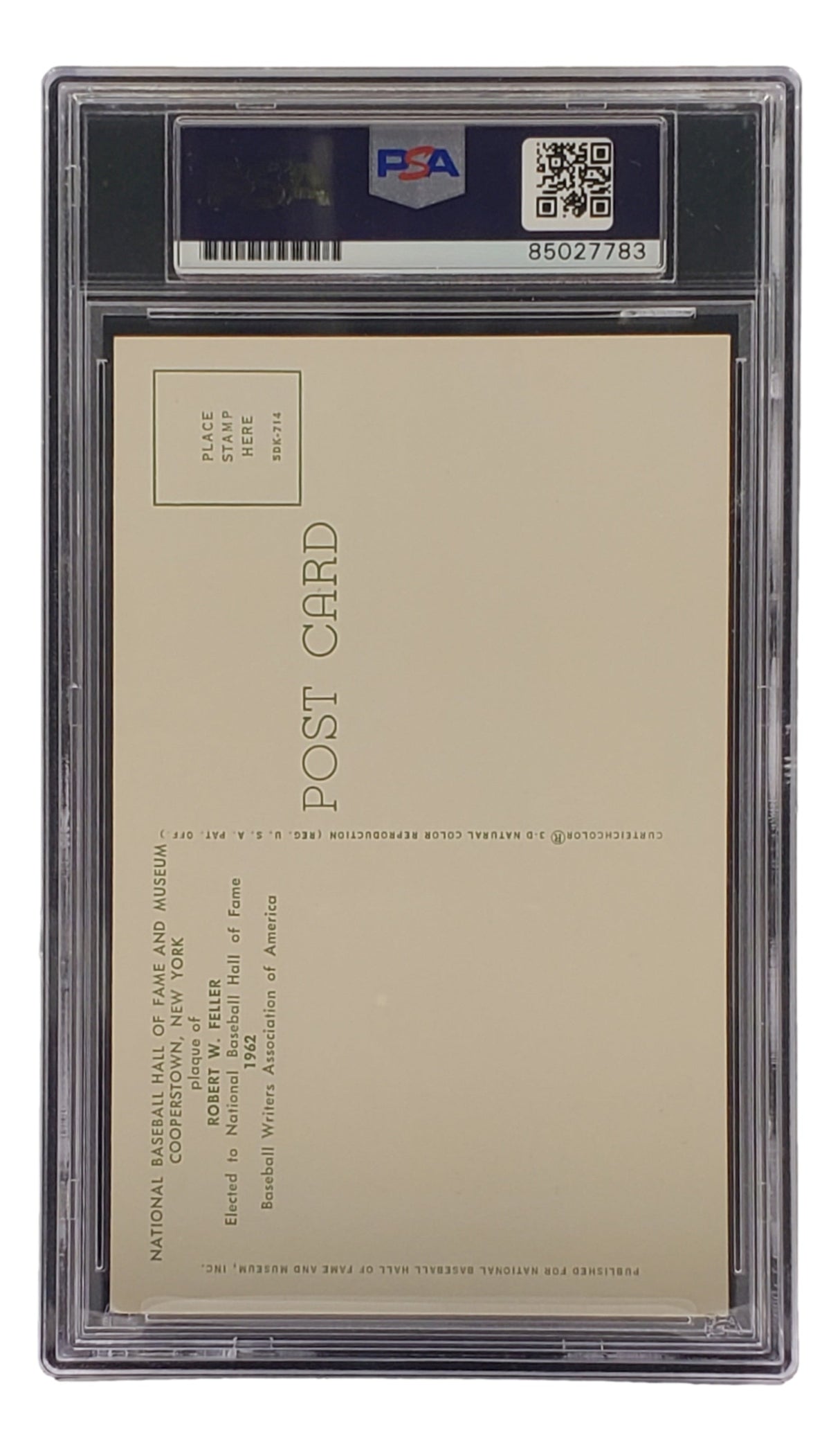 The Bob Feller Signed 4x6 Cleveland Hall Of Fame Plaque Card by Sports Integrity is graded and sealed in a clear PSA holder, showing the back side with blank spaces and PSA/DNA label #85027783 at the top.