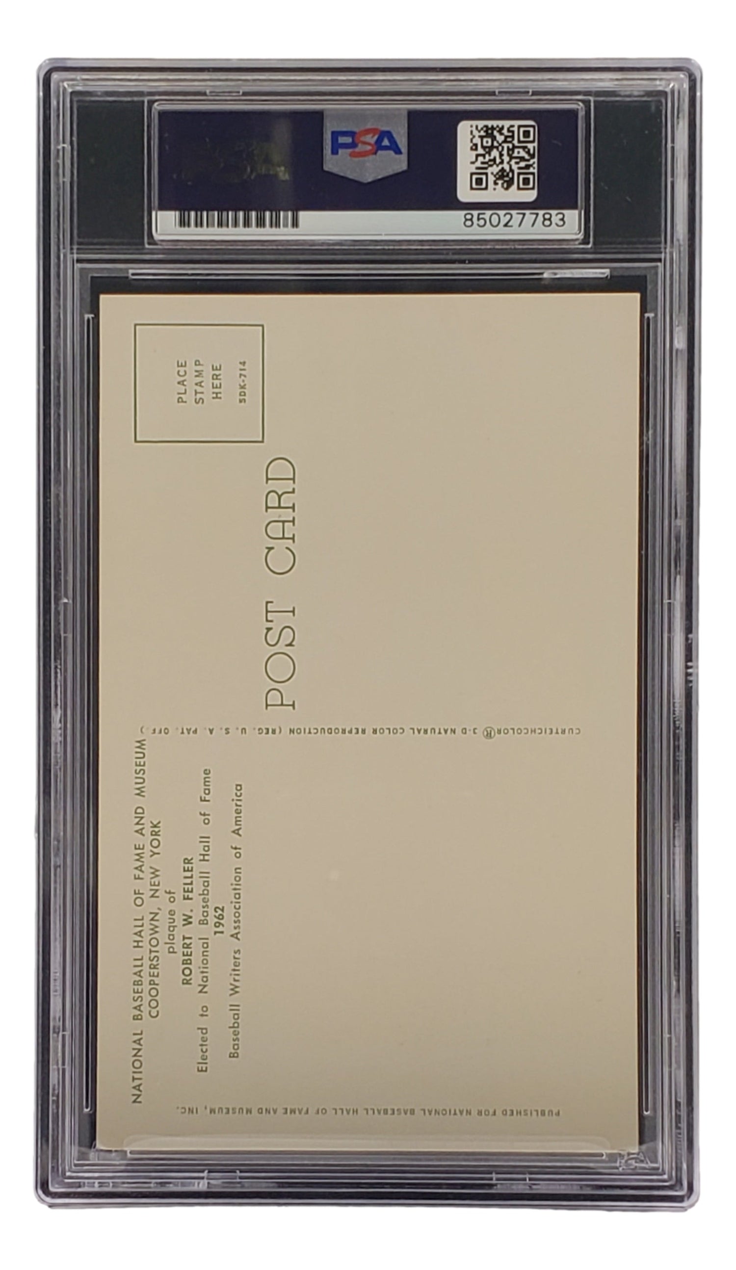 The Bob Feller Signed 4x6 Cleveland Hall Of Fame Plaque Card by Sports Integrity is graded and sealed in a clear PSA holder, showing the back side with blank spaces and PSA/DNA label #85027783 at the top.