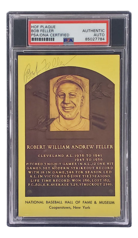 Sports Integrity Bob Feller Signed 4x6 Cleveland Hall of Fame Plaque Card PSA/DNA 85027784, featuring his portrait and signature, secured in a plastic PSA holder.
