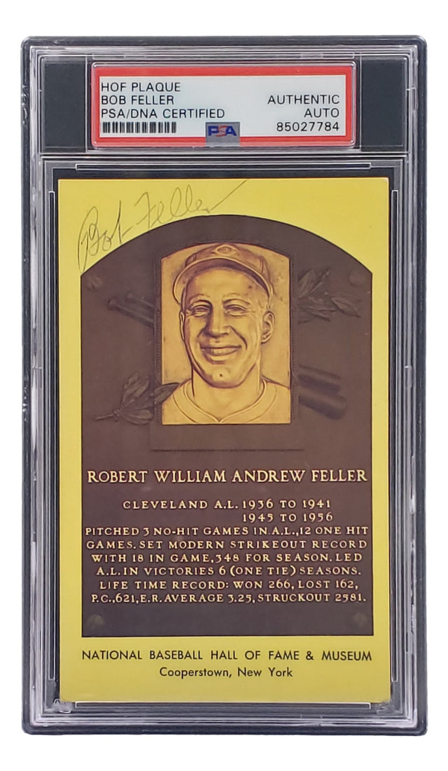 Sports Integrity Bob Feller Signed 4x6 Cleveland Hall of Fame Plaque Card PSA/DNA 85027784, featuring his portrait and signature, secured in a plastic PSA holder.