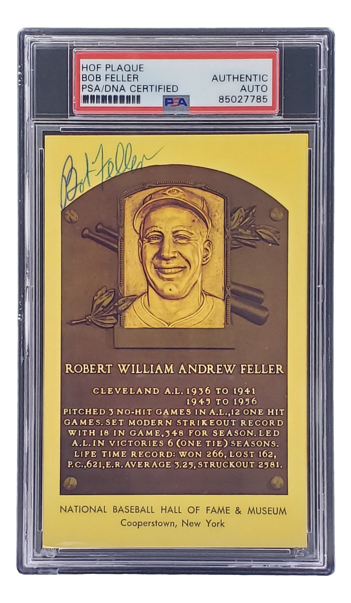 The Sports Integrity Bob Feller Signed 4x6 Cleveland Hall of Fame Plaque Card (PSA/DNA 85027785) features Feller’s autograph on his engraved portrait card, career stats, and Hall details. The autographed card comes in a protective holder.