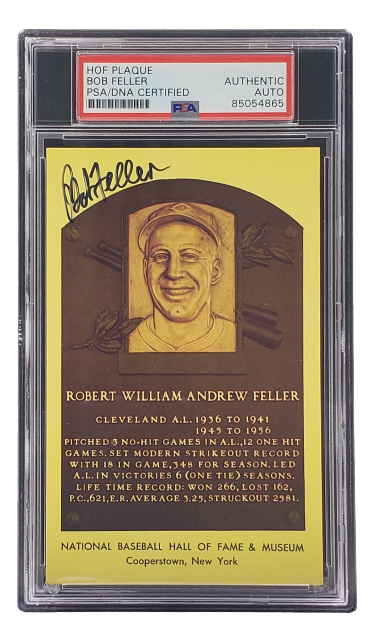 Sports Integrity Bob Feller Signed 4x6 Cleveland Hall of Fame Plaque Card, PSA/DNA 85054865 certified, features his portrait and highlights, with gold details, securely encased for protection.