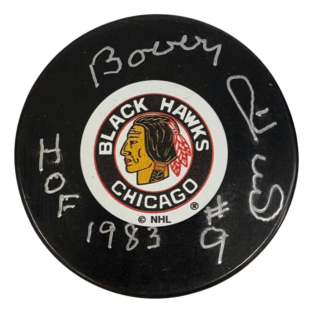 Bobby Hull Signed Chicago Blackhawks Logo Puck HOF 1983 BAS